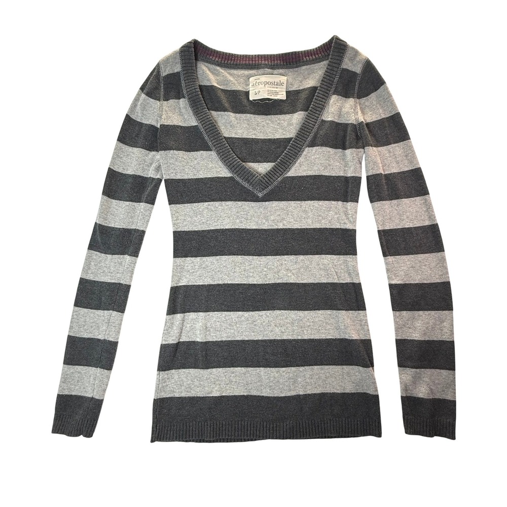 Vintage Y2K Aeropostale Womens V-Neck Striped Sweater Grey Long Sleeve Small